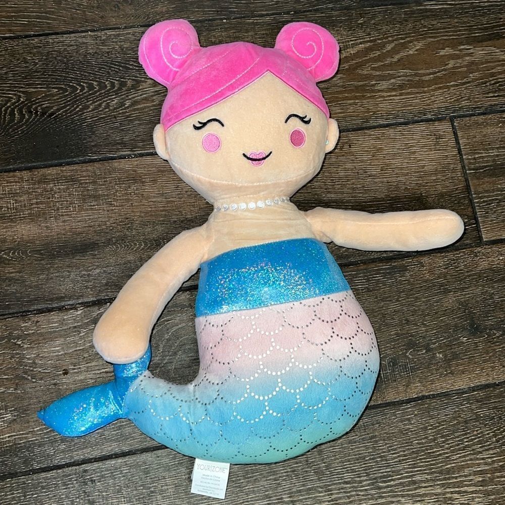 Your Zone MERMAID Stuffed Plush Doll Pillow 18" Pink Hair Blue stuffed Animal